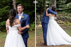 a bride and groom hugging in the woods