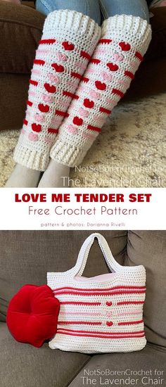 two pictures showing the legs and handbags made from knitted yarn, with text overlay that reads love me tender set free crochet pattern