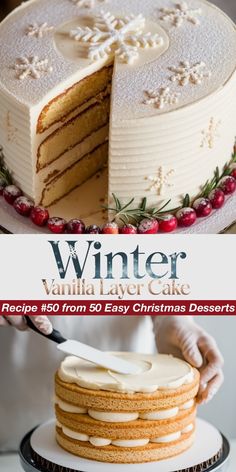 The Winter Vanilla Layer Cake is an elegant, easy Christmas dessert with soft layers of vanilla cake and creamy frosting. Topped with winter-inspired decorations, this cake is a festive showstopper perfect for holiday gatherings. Simple to make yet stunning on the table. #VanillaLayerCake #EasyChristmasDesserts #HolidayCakes #ChristmasBaking #WinterDesserts Snowflake Sheet Cake, Christmas Dessert Ideas Cake, Simple Christmas Cake Recipe, Christmas Vanilla Cake, Winter Cake Decorating, Christmas Dessert Recipes Baking, Winter Bakes, Winter Cake Ideas, Christmas Layer Cake