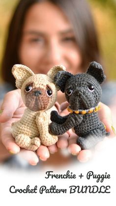 a woman holding two small crocheted dogs in her hands with the caption franchie + puggie crochet pattern bundle