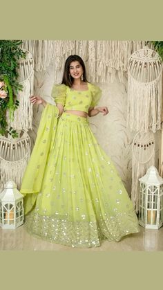 Pastel Green Lehenga, Crop Top Lehenga, Georgette Lehenga, Organza Lehenga, Party Wear Lehenga Choli, Lengha Choli, Green Lehenga, Organza Sleeves