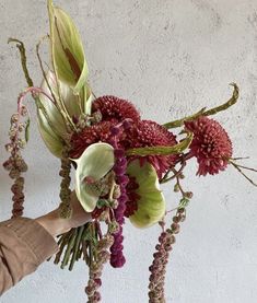 a person holding a bouquet of flowers in front of a white wall with red and green leaves