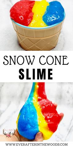 a rainbow colored ice cream cone sitting in a bowl with the words, snow cone slime