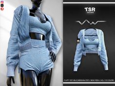 a female mannequin is wearing a blue jacket and pants with the words tsr on it