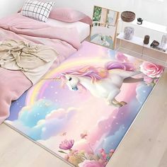 a bedroom with a unicorn rug on the floor