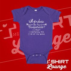 "Will You Be My Godparents" cute baby bodysuit or toddler t-shirt is the perfect Godparents proposal outfit! Just think how cute baby will look in it, how could the future Godfather and Godmother say no? Be sure to snap a picture of the baby/child in their romper/tee looking cute with their brand new Godparents! Feel free to message us with any customization, we are happy to help. Our garments are made from 100% combed ringspun cotton, the one piece includes a lap shoulder neckline, and is reinf Hot Pregnancy Outfits, House Funny, Nephew Gifts, Grandpa Funny, Papa Gifts, Pregnancy Outfits, Personalized Clothes, One Piece Bodysuit, Baby One Piece