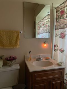 a white toilet sitting next to a bathroom sink under a mirror with flowers on it