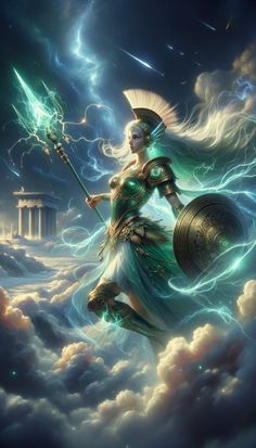 an image of a woman holding a spear in the sky with clouds and lightning behind her