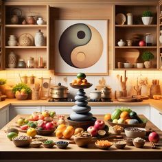 a kitchen counter with bowls and plates stacked on top of each other in front of a painting