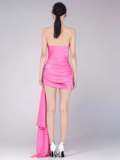 specification Sleeveless Party-ready Club Dress, Ruched Backless Mini Dress For Cocktail, Cocktail Backless Mini Dress With Ruched Details, Strapless Backless Dress For Evening Party Season, Pink Satin Mini Dress For Night Out, Ruched Strapless Dress For Party, Pink Flirty Corset Dress For Party, Backless Ruched Midi Dress For Party, Ruched Backless Mini Dress For Evening