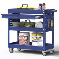 a blue utility cart with tools and other items on it's top shelf in front of a white background