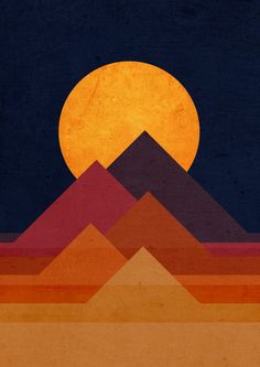 an orange and red mountain with a full moon in the background