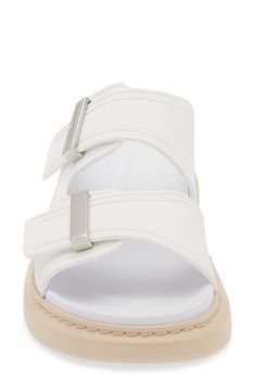 Streamlined bar hardware underscores the eye-catching look of a double-band slide sandal boasting a chunky platform and flexible jelly upper. 1 3/4" (44mm) heel; 1" platform (size 38.5) Synthetic upper, lining and sole Made in Italy Designer Shoes White Double Strap Slides For The Beach, White Double Strap Slides For Beach, Modern White Open Toe Footbed Sandals, Modern White Leather Slides, White Double Strap Platform Sandals, Modern White Slides For Spring, Modern White Leather Footbed Sandals, Modern White Platform Slides, Modern Slides With Double Strap And Removable Insole