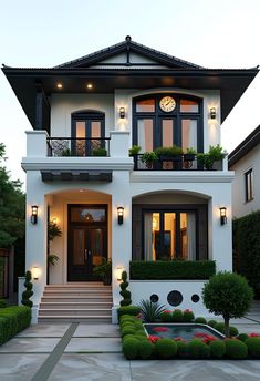 a white house with lots of windows and plants on the front steps, surrounded by greenery