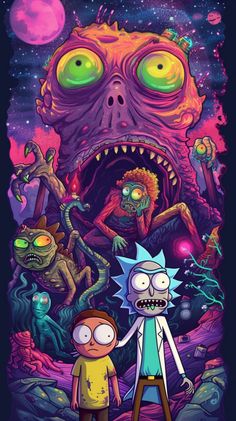 rick and mort from the simpsons movie, with an alien face in the middle of the image