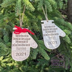 two christmas ornament hanging from a tree