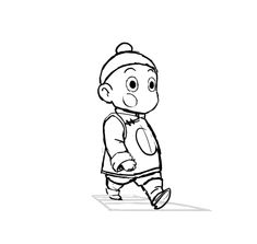 a black and white drawing of a boy with a baseball cap on his head walking