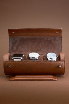 Travel Watch Case with a functional minimalist design, made for daily use, perfect for travel or home storage. Elegant accessory, great for owners and collectors of timepieces. Ideal to protect and carry your watches, especially when you’re on the move. Our watch case holder features a black nickel pin closure and individual soft cushions to install and remove each watch easily. Pillows Cotton, Leather Watch Case, Watch Holder, Stand Desk, Watch Storage, Leather Stand, Personalized Gifts For Men, Night Stand, Leather Travel