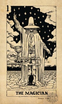 the magician tarot card is shown in black and white