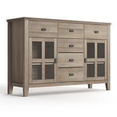 the sideboard is made out of wood and has glass doors on one side, and two