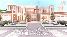 a large house with lots of trees and bushes in front of it that says, appreciating modern family house