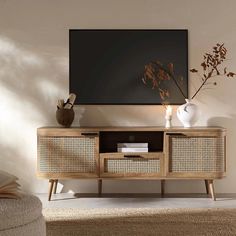 a living room with a large screen tv on top of it's entertainment center