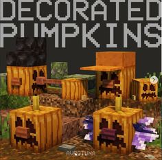 an image of some pumpkins that are decorated in minecraft style with text overlay