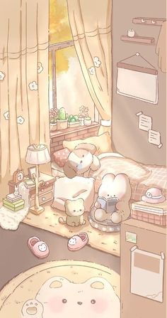 this is an image of a bedroom with teddy bears and other items on the floor