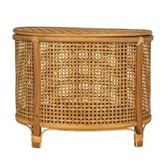 a wicker basket is shown on the side of a table with handles and legs