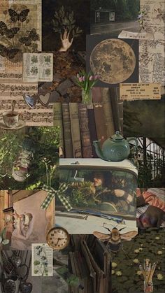 a collage of photos with books, plants and other things on top of it