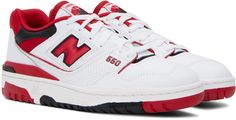 Low-top grained leather and mesh sneakers in white, red, and black. · Lace-up closure · Logo patch at padded tongue · Padded collar · Logo appliqué at sides · Logo embossed at outer side · Logo printed at heel counter · Mesh lining · Textured rubber midsole · Treaded rubber outsole Supplier color: White/Red New Balance 550s Outfit, 550s Outfit, Red New Balance 550, Red New Balance, New Balance For Men, New Balance 550s, New Balance Outfit, New Balance White, Taylor Swift New