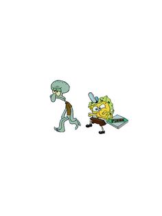 spongebob and patrick from the simpsons series, one with an earpiece on his head