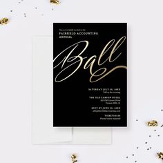 an elegant black and gold ball party with confetti scattered around it, on a white background