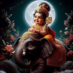 a baby sitting on top of an elephant in front of a full moon with flowers