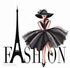 a woman in a black dress and hat standing next to the eiffel tower