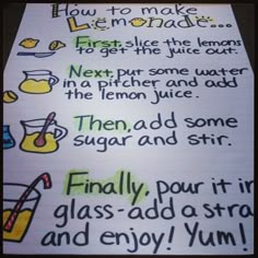 a piece of paper with instructions on how to make lemonade and other things in it