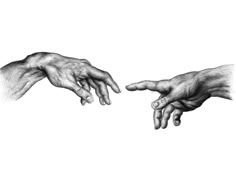 two hands touching each other with one hand reaching for the other's hand, in black and white