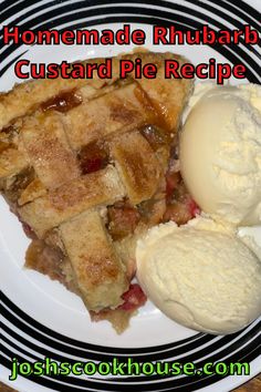 homemade rhubarb custard pie recipe on a plate with ice cream