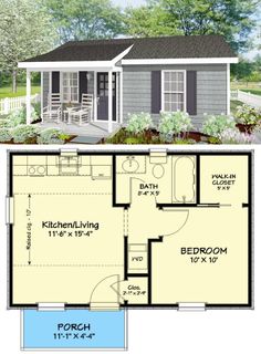 the floor plan for a small house with two bedroom and an attached porch, is shown