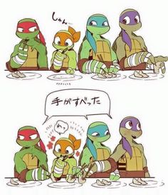 some cartoon turtles sitting next to each other and one has a speech bubble above it