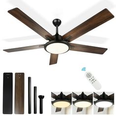 a ceiling fan with remote controls and other accessories