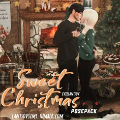 a man and woman standing next to each other in front of a christmas tree with the words sweet christmas written on it