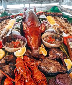 the seafood platter is prepared and ready to be eaten