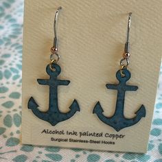 Cute Nautical Blue Anchor Earrings On Surgical Stainless Steel Ear Wires Hand Painted Over Copper With Alcohol Ink. Measuring Approximately One Inch From Your Ear Lobe, Perfect For The Ocean Breeze Weather. Sterling Silver Earrings Handmade, Anchor Earrings, Mom Earrings, Silver Chandelier Earrings, Gray Earrings, Blue Anchor, Nautical Anchor, Sterling Silver Marcasite, Druzy Earrings