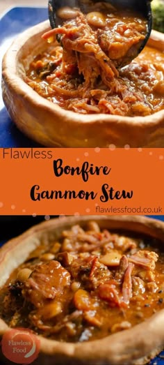 a close up of a bowl of food with the words bonfire salmon stew in it