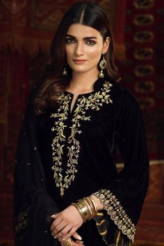 Koel A (Two Piece)– Zaaviay Velvet Pakistani Dress, Velvet Dress Designs, Kurti Embroidery, Kurti Embroidery Design, Pakistani Fashion Party Wear, Pakistani Dresses Casual, Velvet Suit, Simple Pakistani Dresses, Pakistani Bridal Dresses