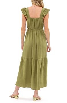 Feel your finest in this gauzy cotton midi dress featuring a ruffle-trimmed shoulders and abutton front closure. 52 1/2" length (size Small) 100% cotton Hand wash, dry flat Imported Button Front Dress, Cotton Midi Dress, Flutter Sleeve, Nordstrom Rack, Midi Dress, Hand Wash, Nordstrom