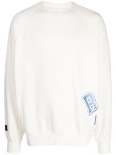 ivory white cotton blend logo print to the side and rear crew neck long sleeves straight hem ribbed cuffs and hem White Sweatshirt With Ribbed Collar For Loungewear, Oversized White Sweater With Ribbed Collar, White Ribbed Collar Sweatshirt For Loungewear, College Crew Neck Sweatshirt With Logo Detail, Sporty White Sweater With Logo Detail, White Relaxed Fit Sweater With Ribbed Collar, White Crew Sweatshirt With Logo Detail, White Crew Sweatshirt With Logo, White Crew Neck Sweatshirt With Logo