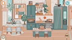 an animated kitchen with blue cabinets and appliances