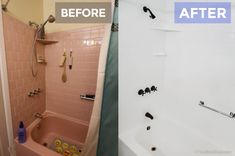 before and after photos of a bathtub remodel with pink tiled walls, shower head, and tub